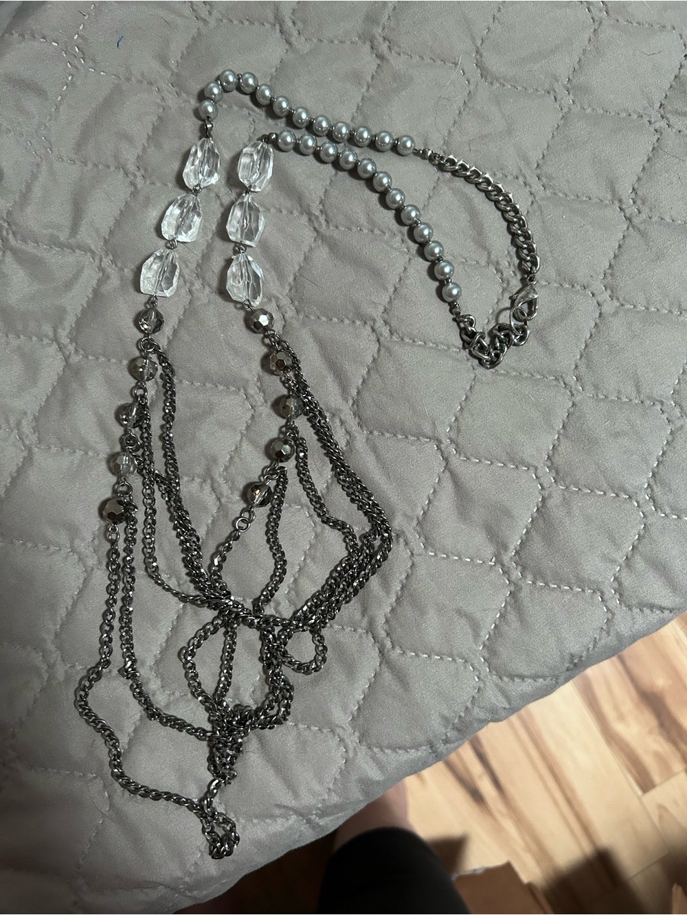 Layered Silver-Tone Beaded Necklace with Clear Crystal Accents